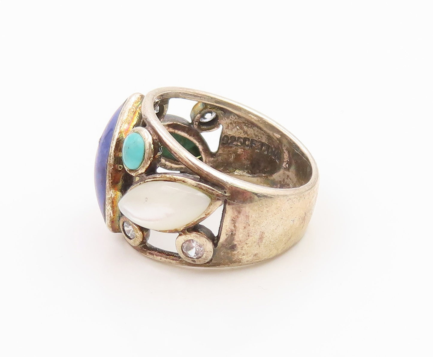 925 Sterling Silver Vintage Ring Classic Multi Gemstone Band  Sz 7.5  RG36063