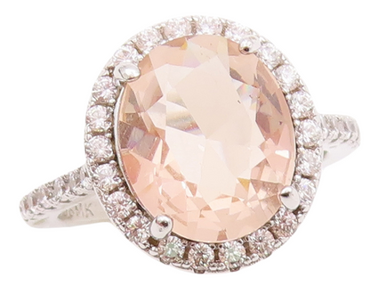 925 Sterling Silver Vintage Ring Oval Cut Morganite Halo CZ  Sz 7  RG29689