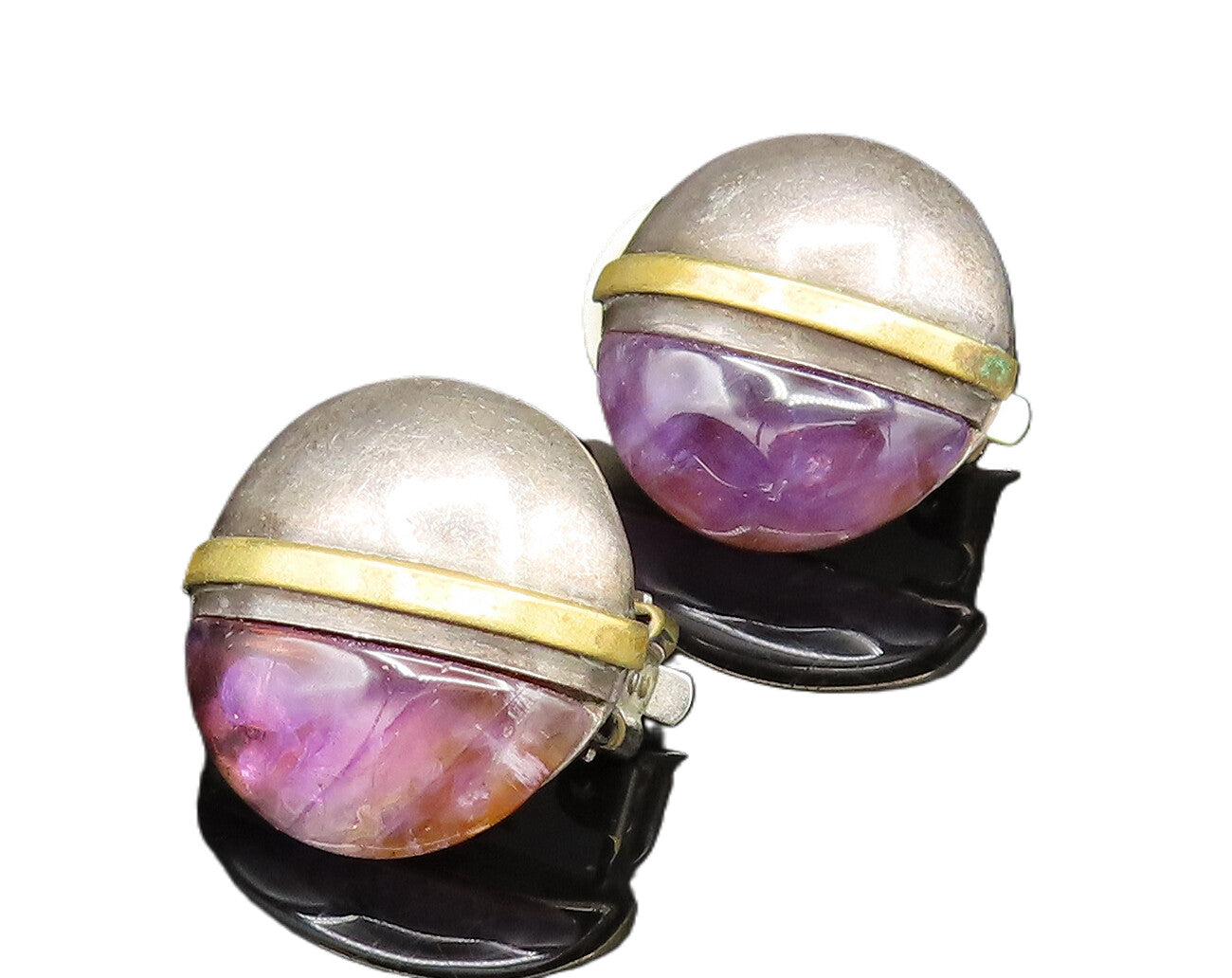 925 Silver  Vintage Round Two Tone Amethyst Non Pierced Earrings  EG11736