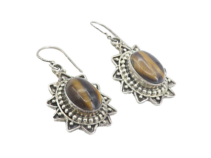 925 Sterling Silver  Vintage Cabochon Cut Tiger's Eye Dangle Earrings  EG3747