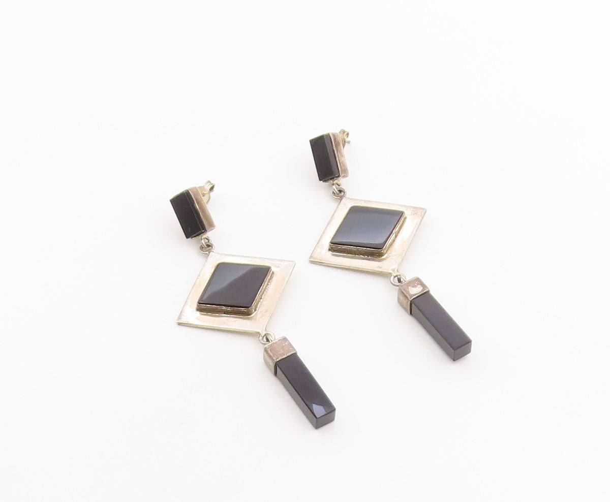 925 Sterling Silver Vintage Earrings MEXICO Black Onyx Geometric Dangle  EG14441