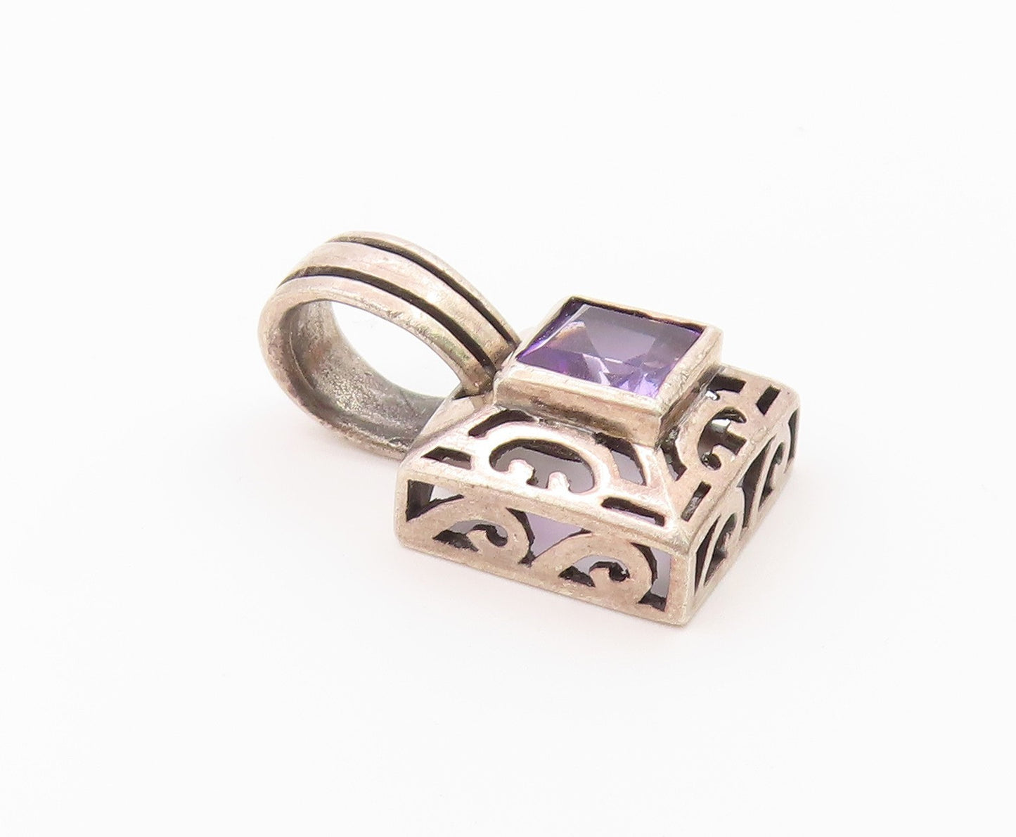 925 Sterling Silver  Vintage Amethyst Cutout Square Dome Pendant  PT17412