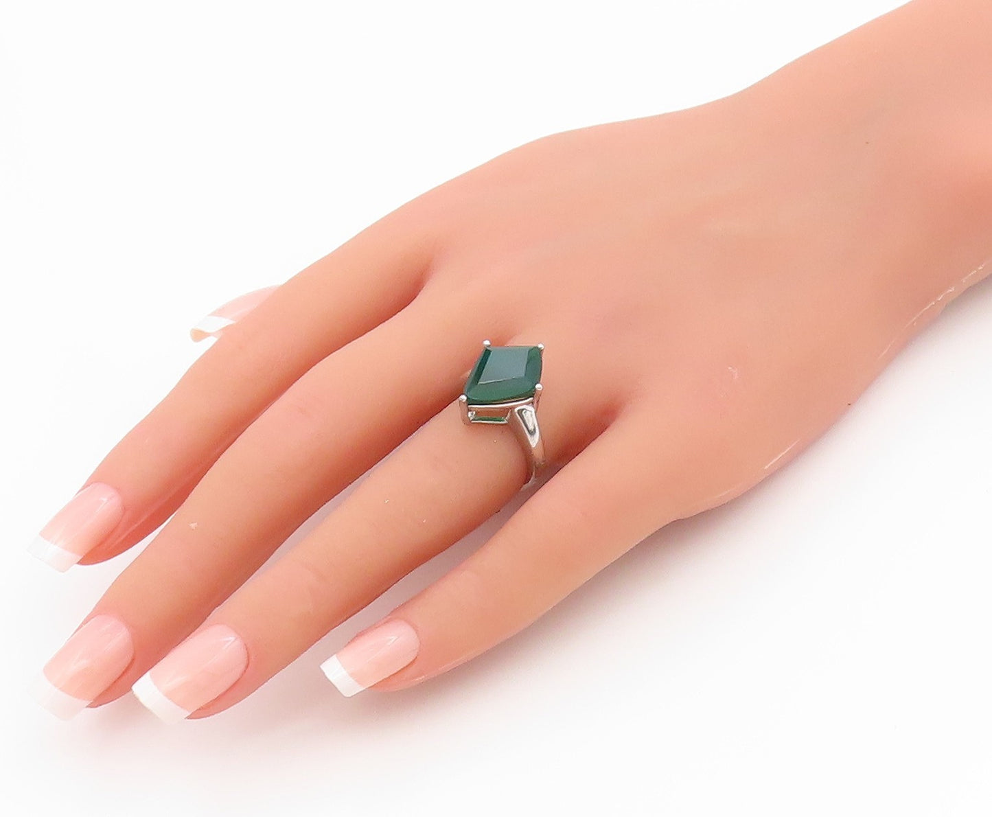 925 Sterling Silver Vintage Ring Faceted Green Onyx Solitaire Band Sz 6 RG34598
