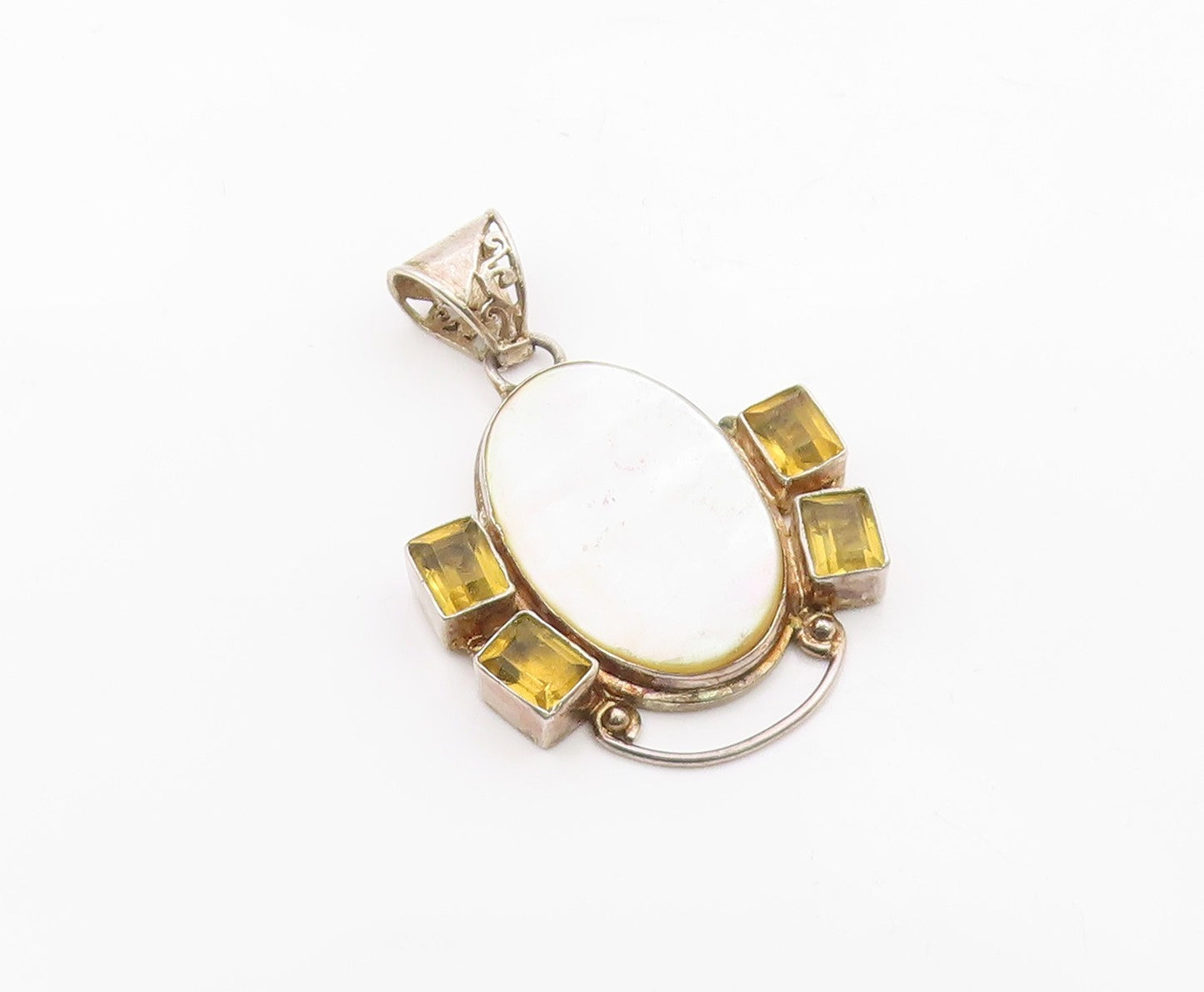925 Sterling Silver  Vintage Mother Of Pearl & Citrine Swirl Pendant  PT7413