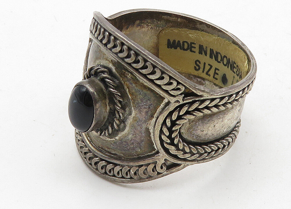 INDONESIA 925 Silver  Vintage Black Onyx Large Wheat Band Ring Sz 12.5 RG10582