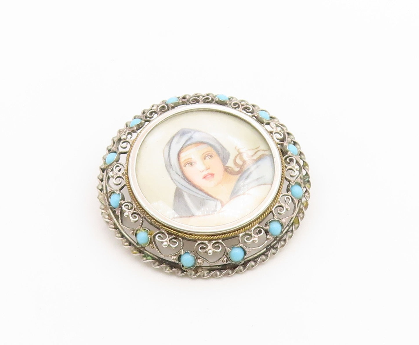 925 Sterling Silver Vintage Brooch Pin Turquoise Openwork Lady Portrait  BP12647