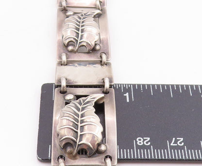 925 Sterling Silver Vintage Bracelet Carved Floral Leaf Panel Link Chain BT11479