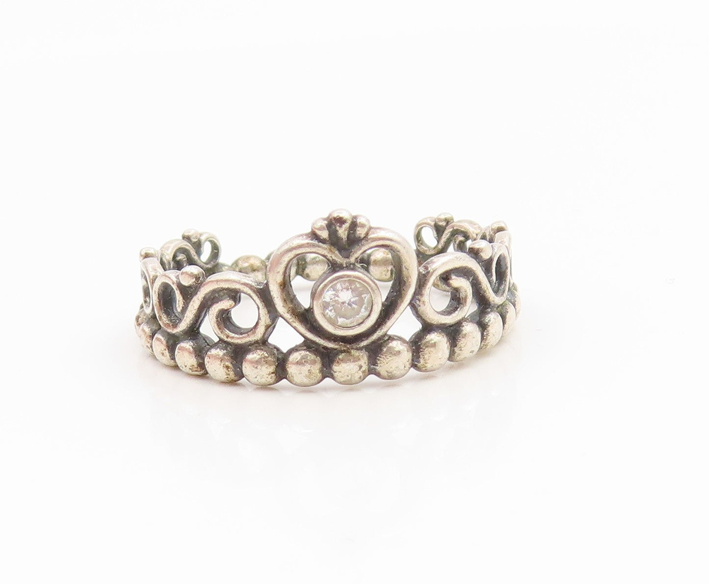 925 Sterling Silver Vintage Ring PANDORA CZ Princess Heart Crown  Sz 7  RG35139