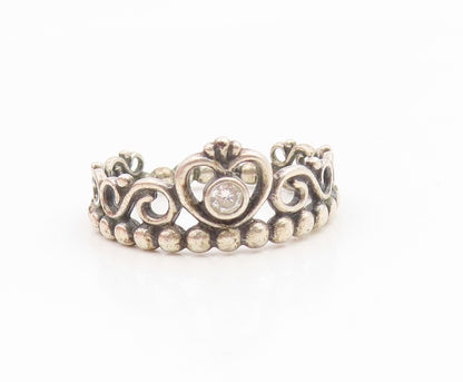 925 Sterling Silver Vintage Ring PANDORA CZ Princess Heart Crown  Sz 7  RG35139