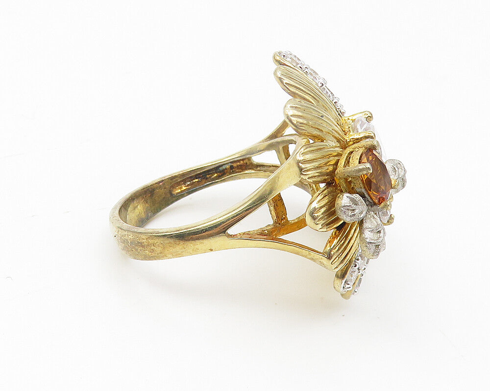 JACMEL 925 Silver  Cubic Zirconia & Citrine Floral Cocktail Ring Sz 8  RG10785