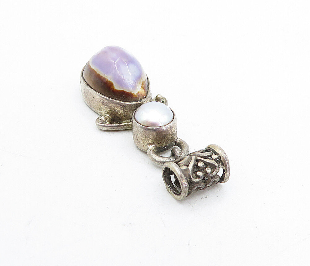 925 Sterling Silver  Vintage Pearl & Agate Swirl Detail Drop Pendant  PT3512
