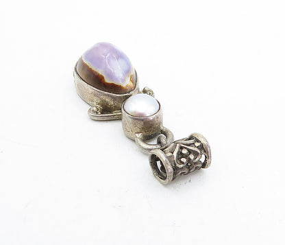925 Sterling Silver  Vintage Pearl & Agate Swirl Detail Drop Pendant  PT3512