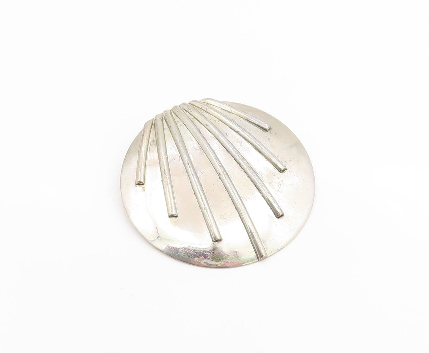 925 Sterling Silver Vintage Brooch Pin Modernist Ribbed Shell Concho  BP12506