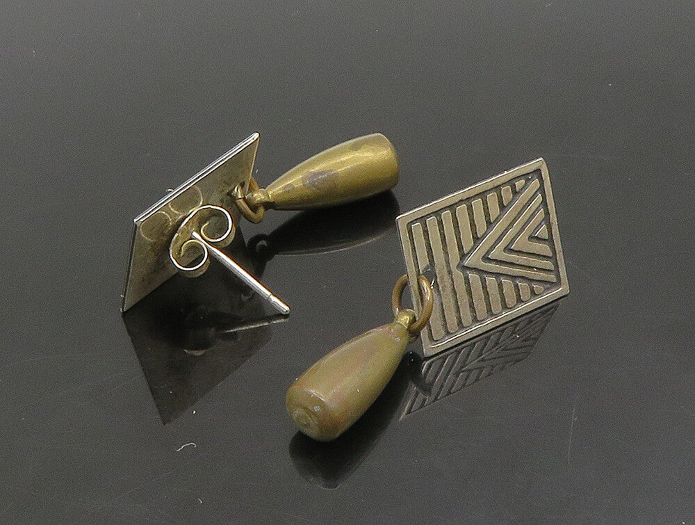 925 Sterling Silver Vintage Patterned Square 2 Tone Dangle Earrings EG11441