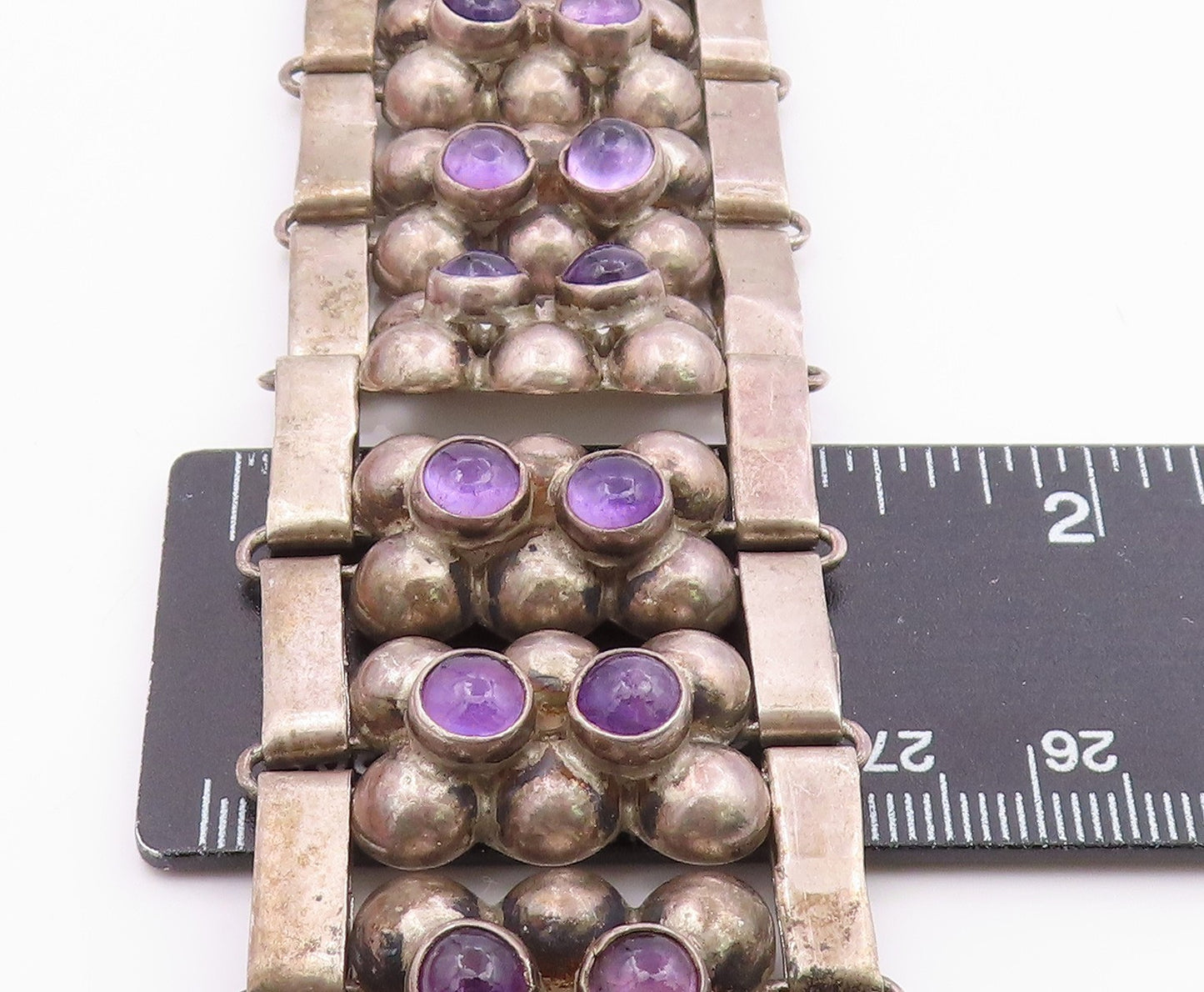925 Sterling Silver Vintage Bracelet TAXCO Cabochon Amethyst Bead Link  BT12077