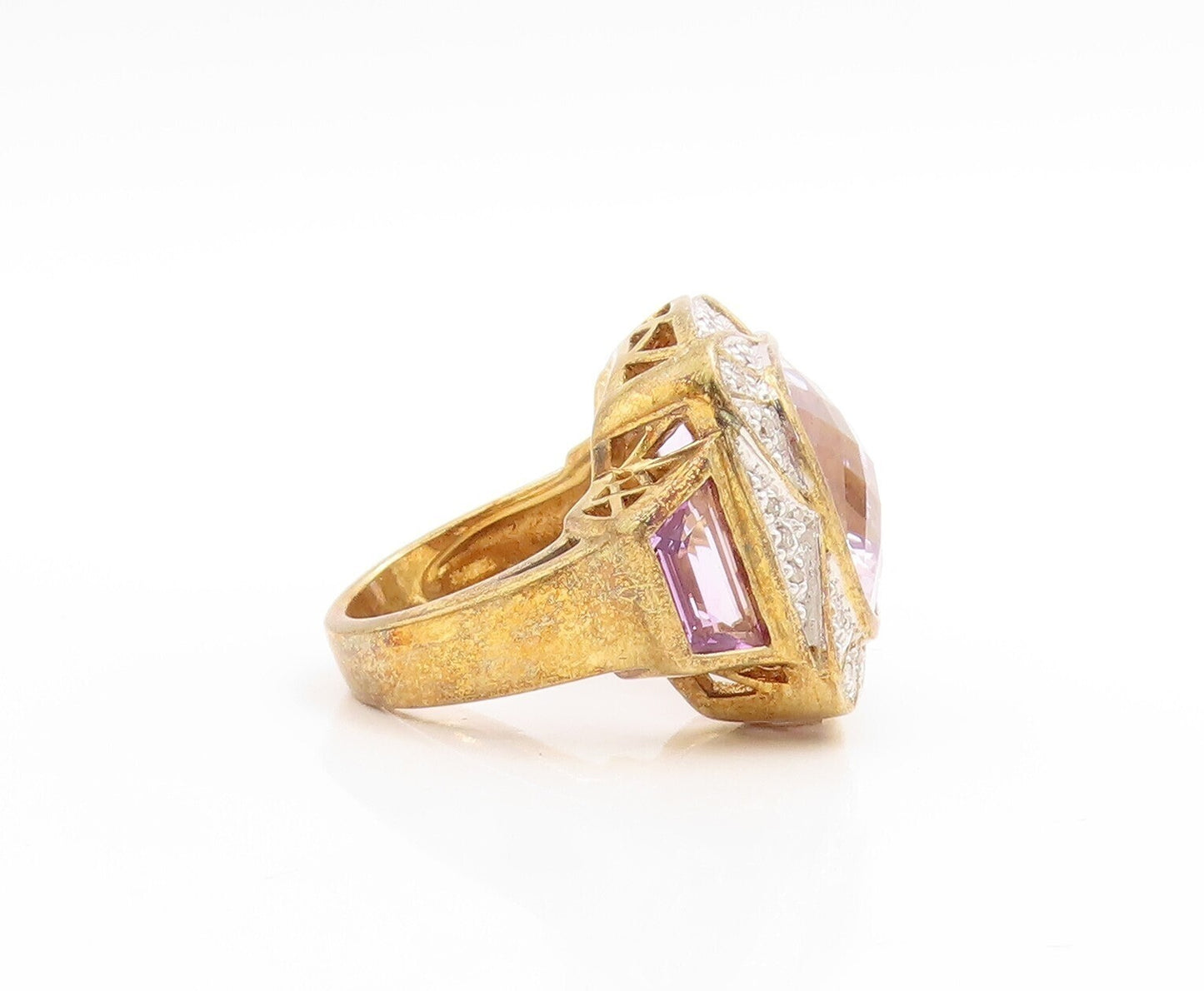 925 Sterling Silver Vintage Ring Gold Plated Diamonds & Amethyst  Sz 7.5 RG30626