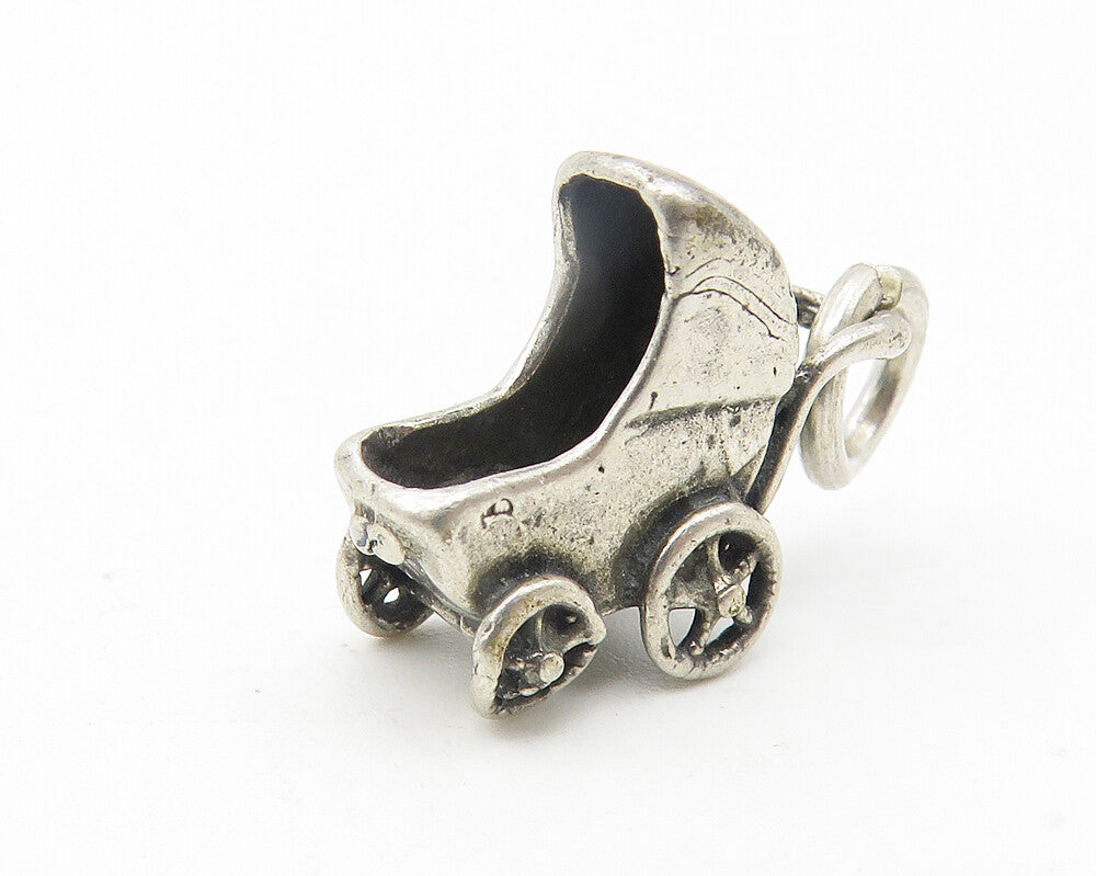 925 Sterling Silver  Vintage Petite Dark Tone Baby Carriage Pendant  PT9386