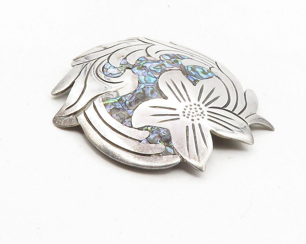 M. OCAMPPO TAXCO 925 Silver  Vintage Abalone Shell Floral Brooch Pin  BP4012