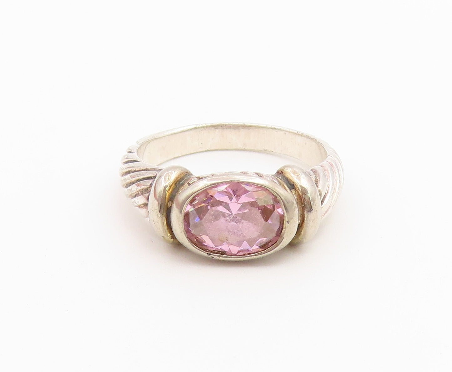 925 Sterling Silver Vintage Ring Pink Topaz Ribbed Statement Band  Sz 8  RG36754