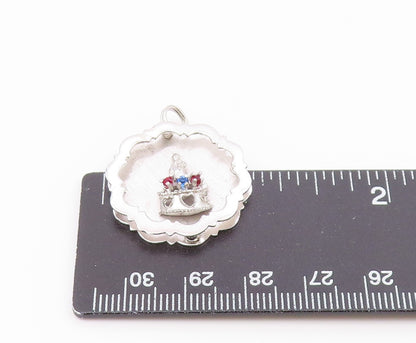 925 Sterling Silver   Vintage Garnet & Blue Topaz Royal Crown Pendant  PT18285