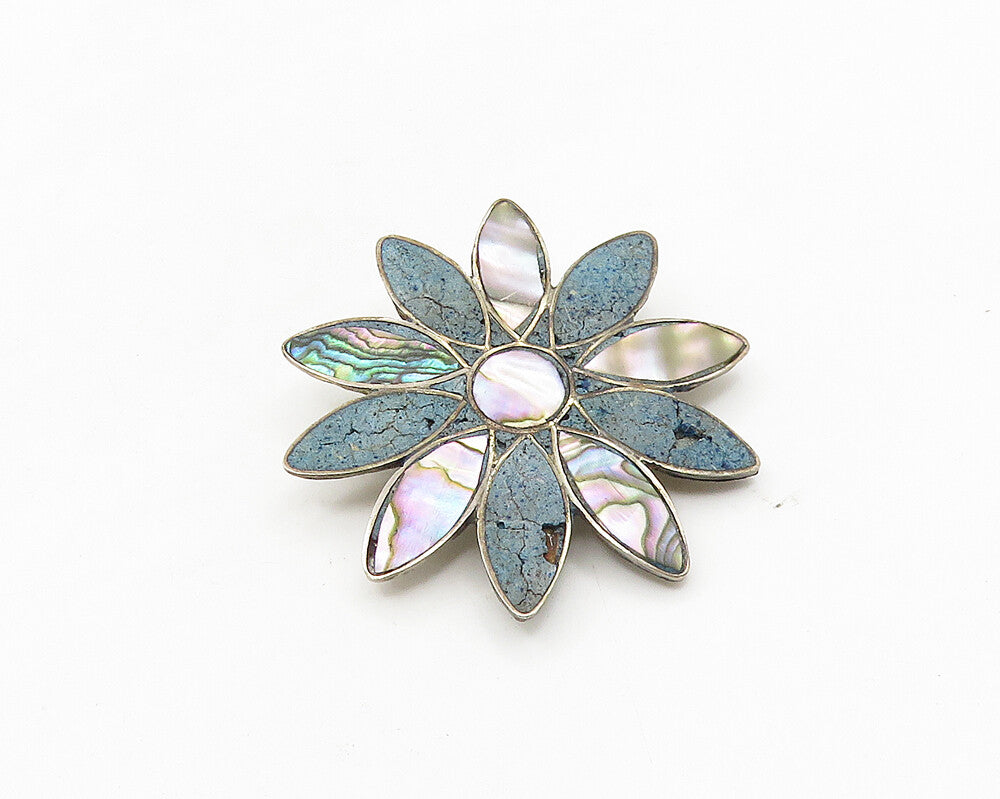 MEXICO 925 Silver  Vintage Abalone Shell & Turquoise Flower Brooch Pin  BP7119
