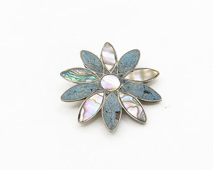 MEXICO 925 Silver  Vintage Abalone Shell & Turquoise Flower Brooch Pin  BP7119