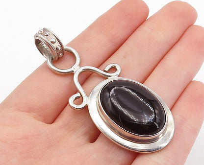 925 Sterling Silver  Vintage Cabochon Cut Black Onyx Oval Drop Pendant  PT3165
