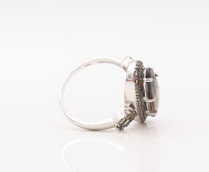 925 Sterling Silver Vintage Ring Oval Smoky Quartz Halo Citrine Sz 10.5  RG30762