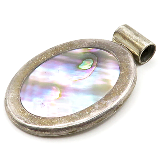 925 Sterling Silver  Vintage Inlaid Abalone Shell Shiny Oval Pendant  PT15397