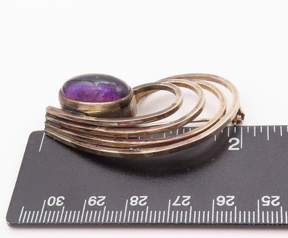 925 Sterling Silver Vintage Brooch Modernist Oval Amethyst Drop Cut Band BP11576