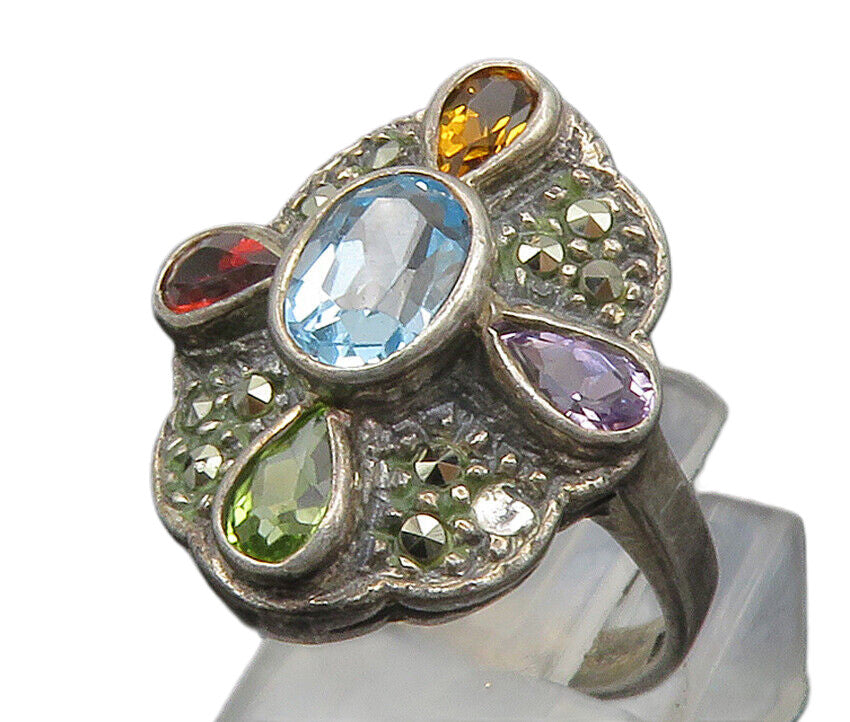 925 Silver Vintage Amethyst Peridot & Multi Stone Cocktail Ring Sz 5 RG13907