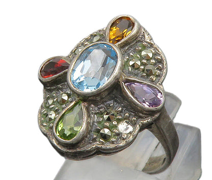 925 Silver Vintage Amethyst Peridot & Multi Stone Cocktail Ring Sz 5 RG13907