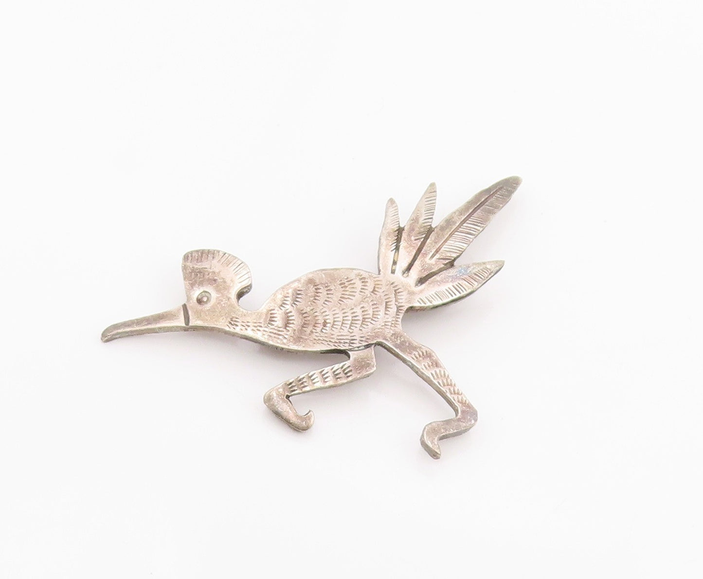 925 Sterling Silver Vintage Brooch Pin NAVAJO ZUNI Etched Roadrunner  BP12344