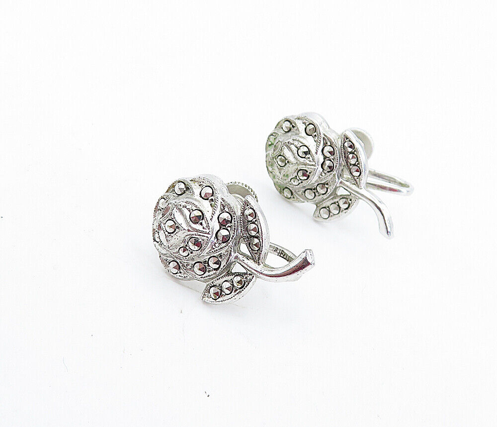 925 Sterling Silver  Vintage Shiny Flower Motif Non Pierce Earrings  EG2733