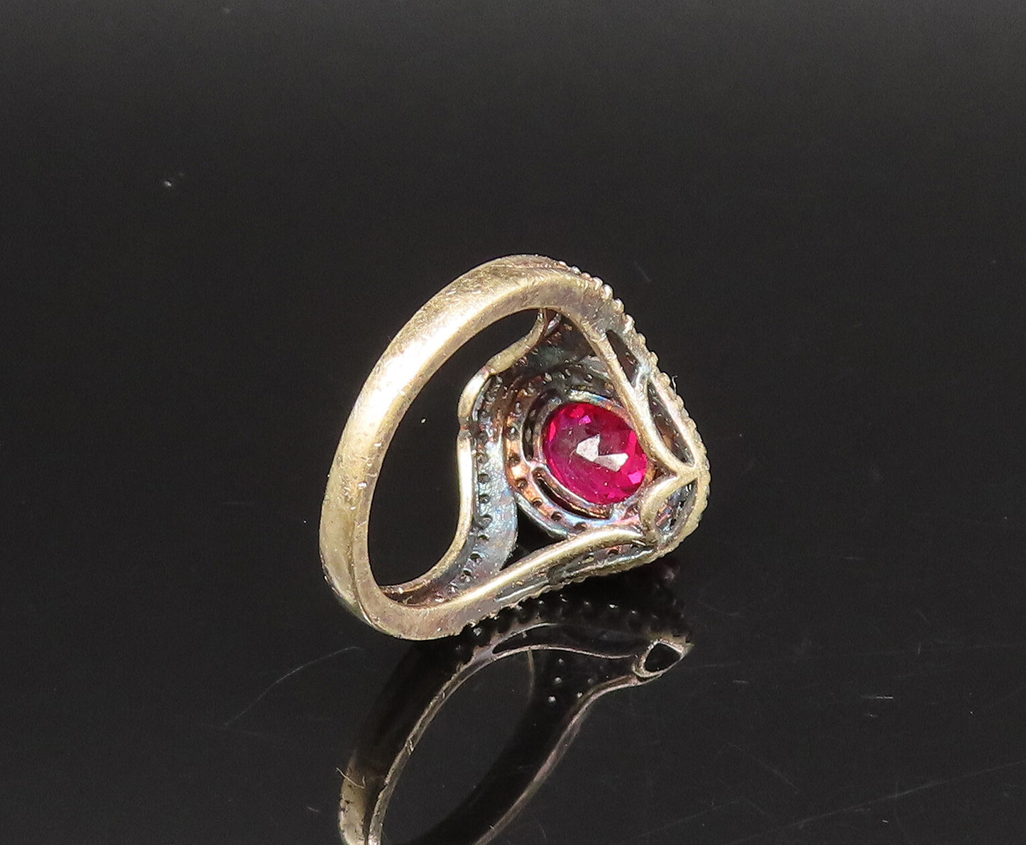 925 Sterling Silver  Vintage Fancy Red & White Topaz Halo Ring Sz 6  RG25891