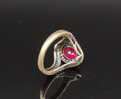 925 Sterling Silver  Vintage Fancy Red & White Topaz Halo Ring Sz 6  RG25891