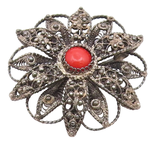 925 Sterling Silver  Vintage Coral Dark Tone Flower Motif Brooch Pin  BP6408