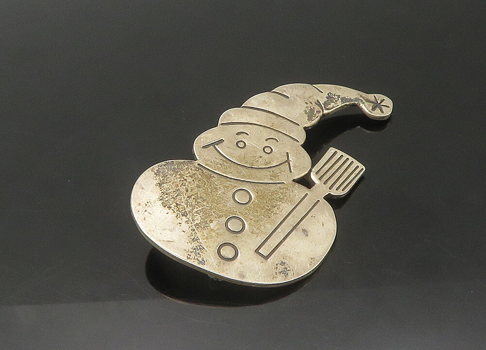 MEXICO 925 Silver  Vintage Happy Snowman Winter Motif Brooch Pin  BP8770