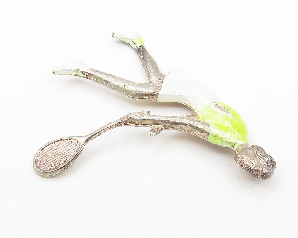 925 Sterling Silver  Vintage Enamel Coated Tennis Player Sport Pendant  PT8412