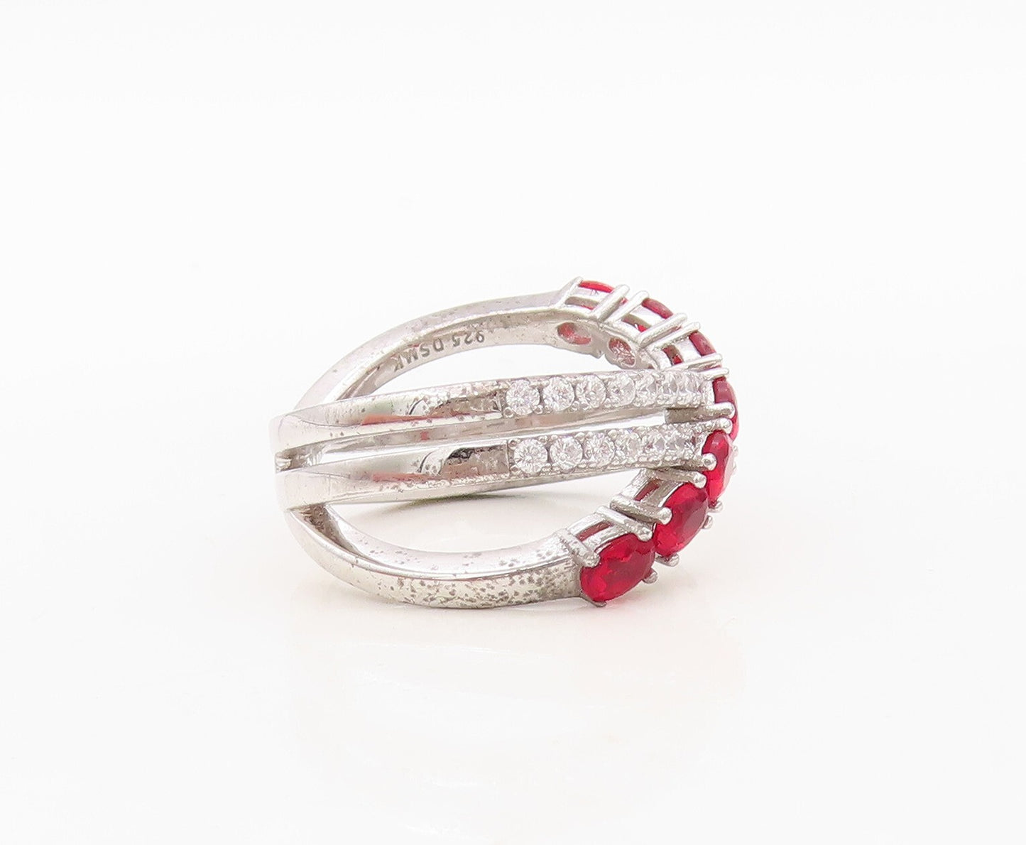 925 Sterling Silver Vintage Ring Designer Cutout Garnet & CZ Bands Sz 7  RG30399