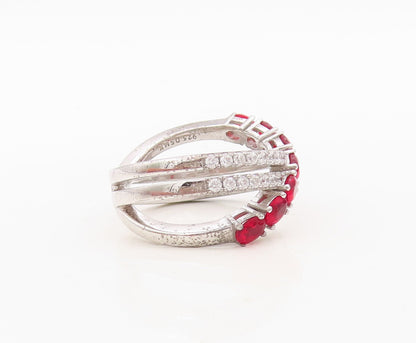 925 Sterling Silver Vintage Ring Designer Cutout Garnet & CZ Bands Sz 7  RG30399