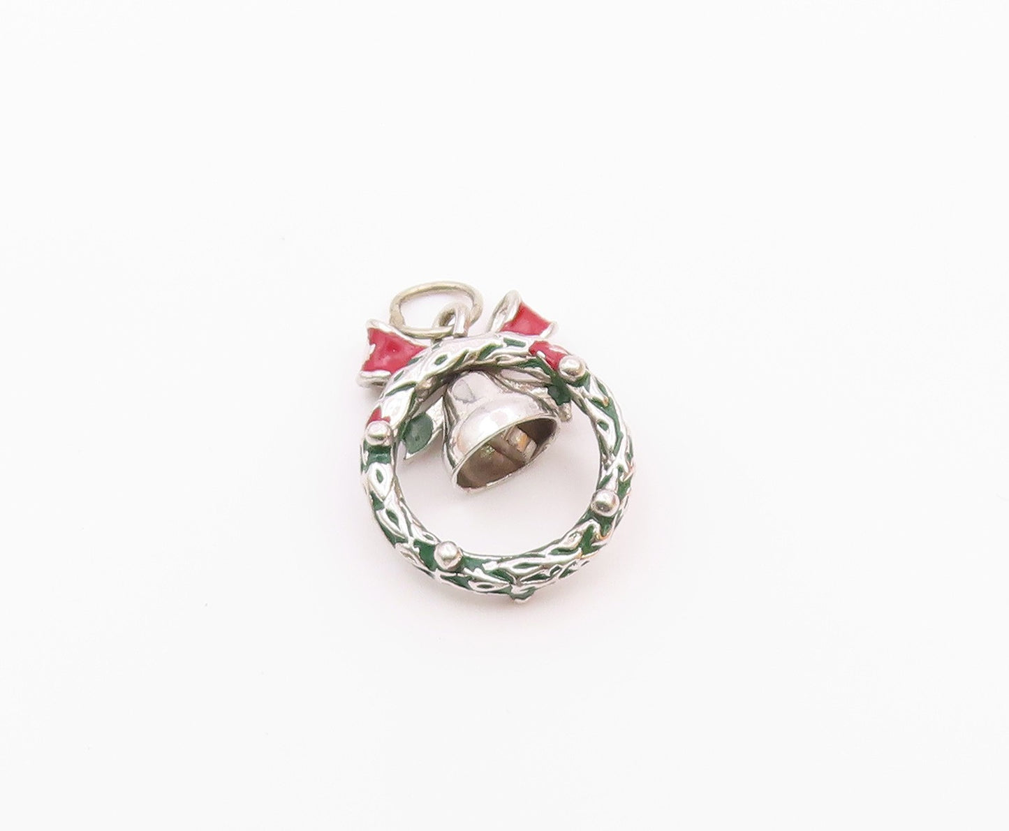 925 Sterling Silver  Vintage Christmas Wreath Bow & Bell Pendant  PT18823