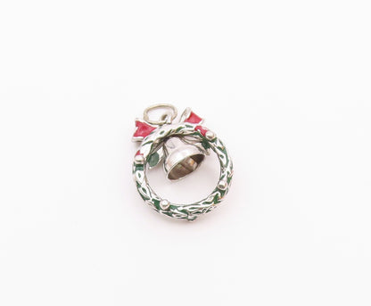 925 Sterling Silver  Vintage Christmas Wreath Bow & Bell Pendant  PT18823