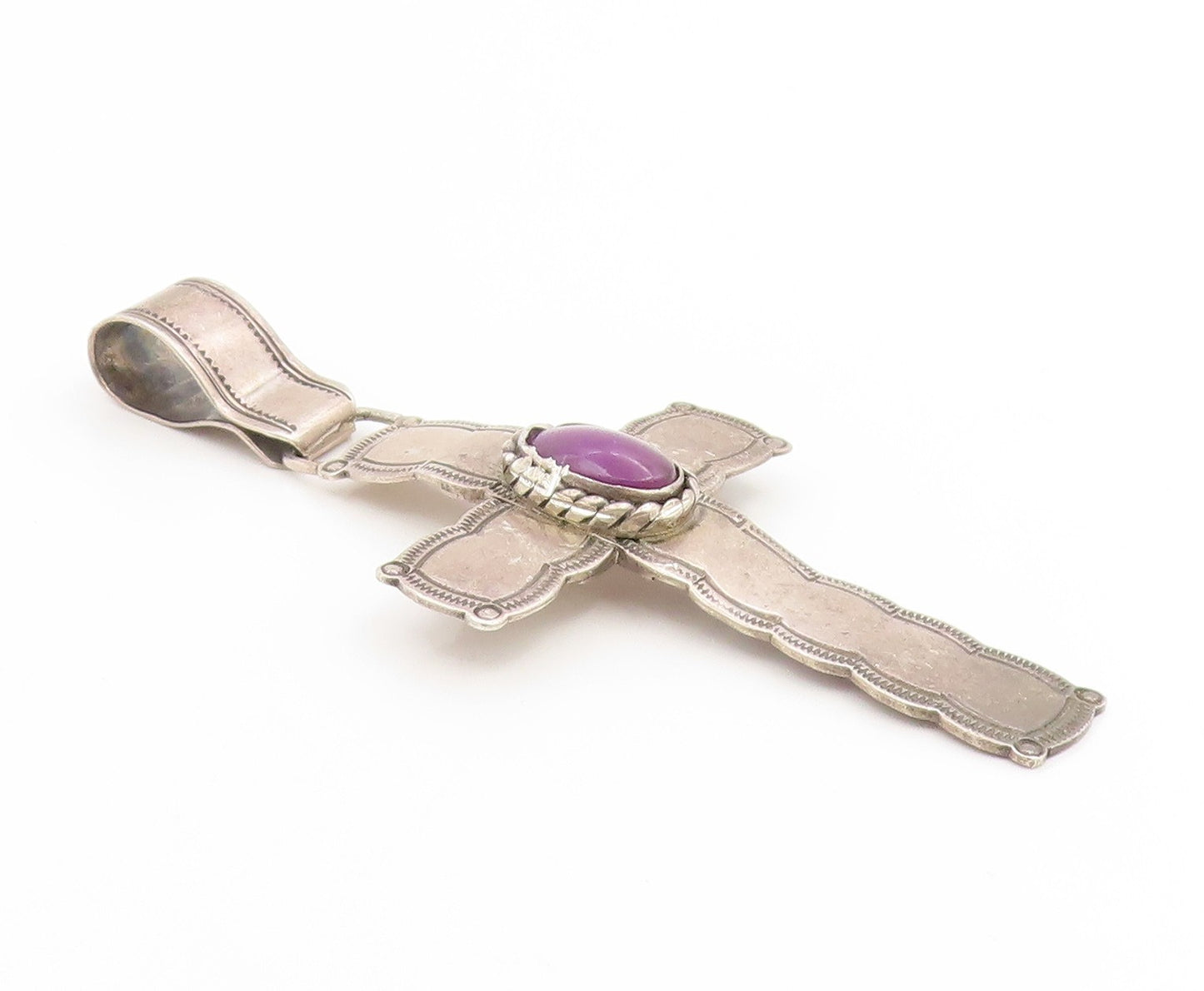 925 Sterling Silver Vintage Pendant NAVAJO Amethyst Religious Cross  PT26119