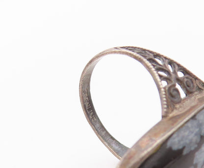 925 Sterling Silver Vintage Ring Dark Tone Cutout Band Gemstone Sz 5.5  RG32379