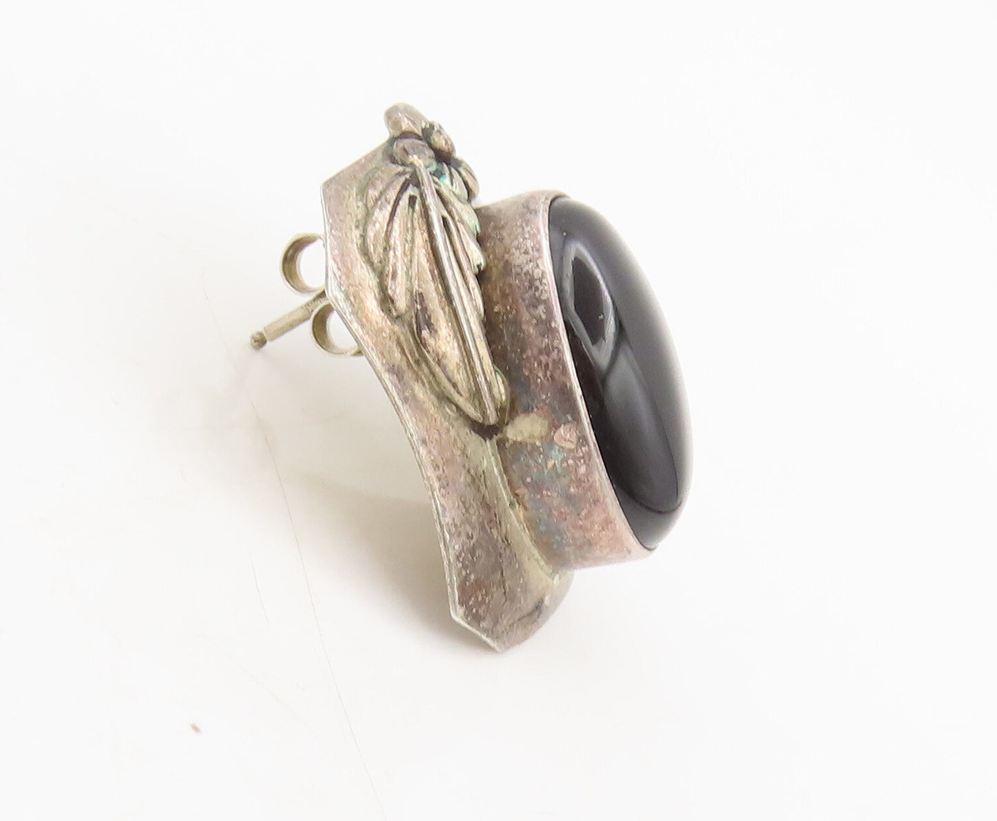 NAVAJO 925 Sterling Silver Vintage Leafed Flower Large Onyx Earrings  EG12649