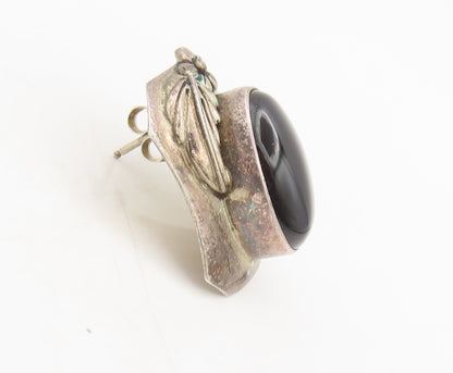 NAVAJO 925 Sterling Silver Vintage Leafed Flower Large Onyx Earrings  EG12649