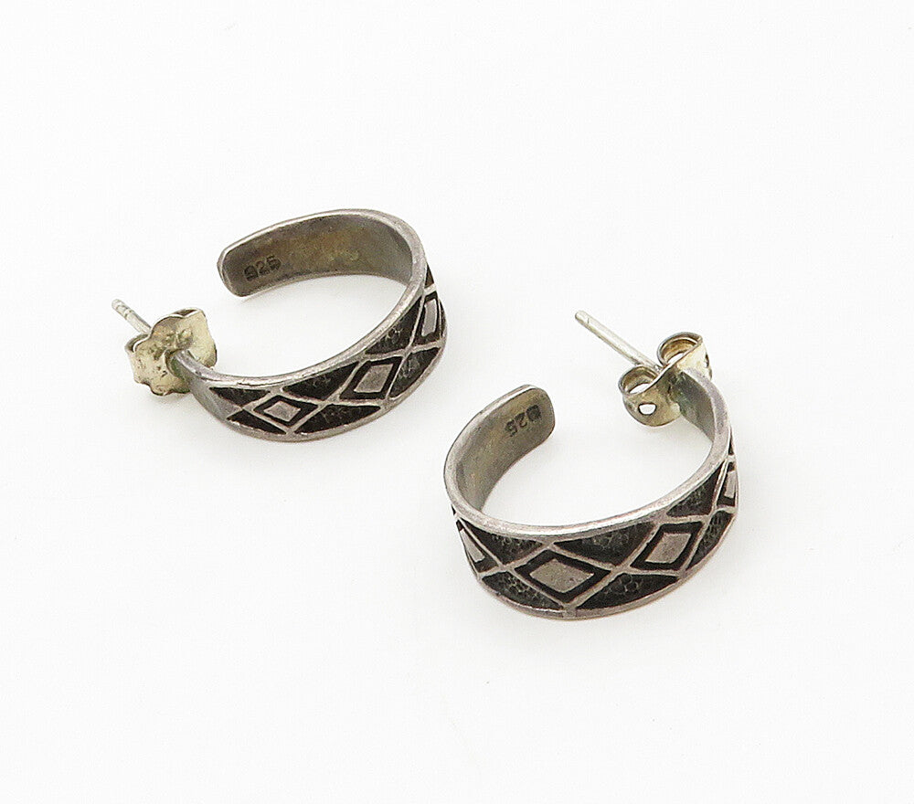 925 Sterling Silver  Vintage Diamond Shaped Pattern Hoop Earrings  EG8341