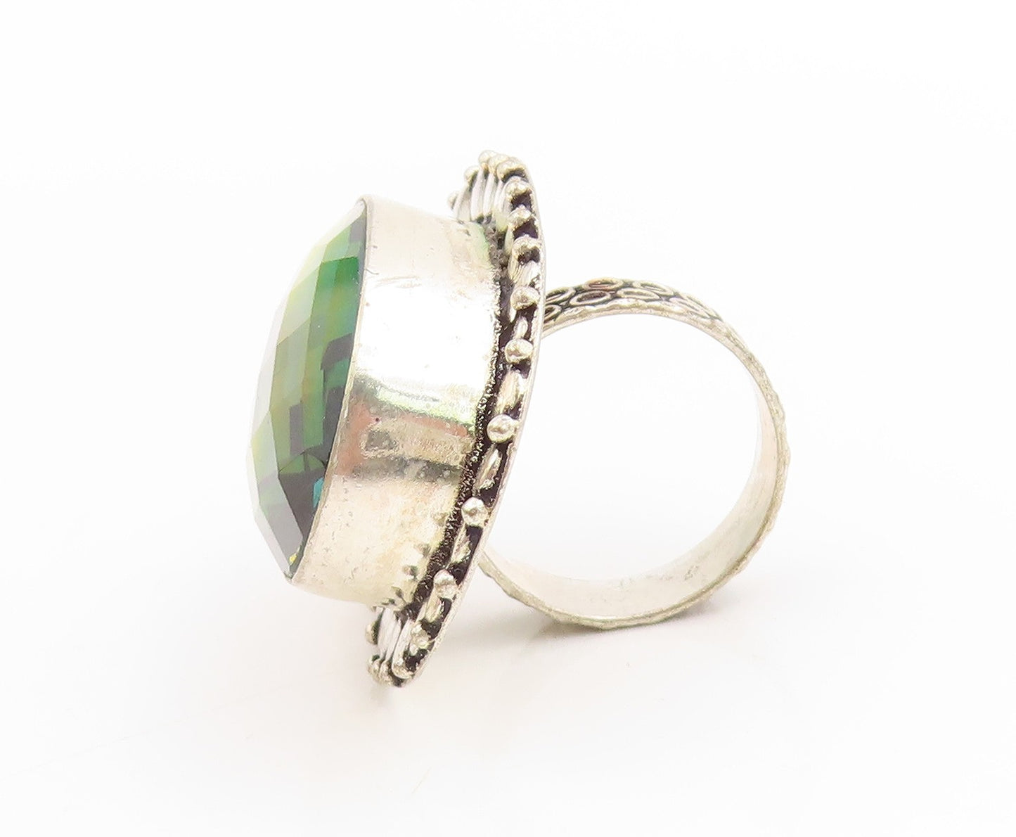 925 Sterling Silver Vintage Ring Large Mystic Topaz Geometric Band Sz 8 RG34138