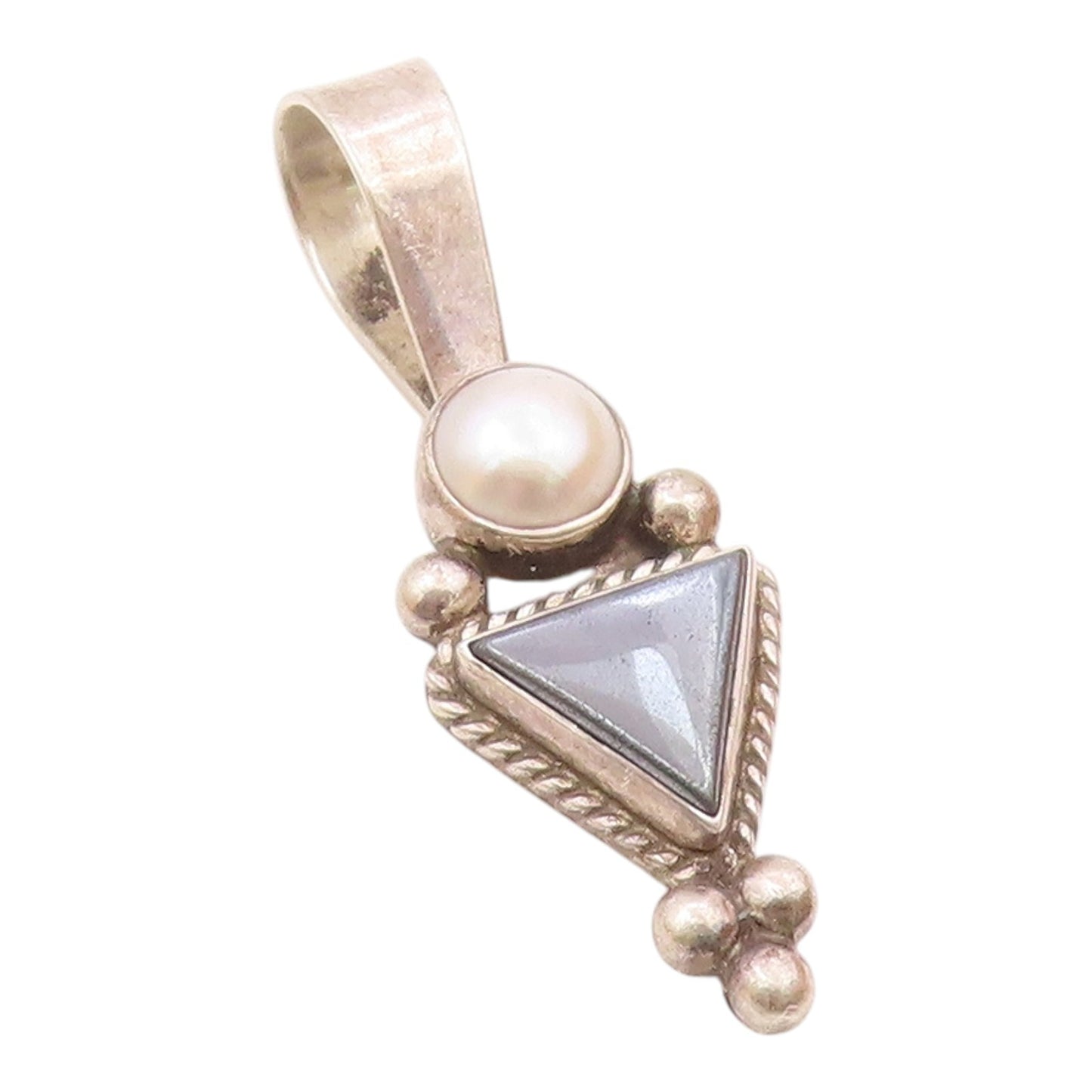 925 Sterling Silver  Vintage Pearl & Hematite Bubble Twist Pendant  PT13417